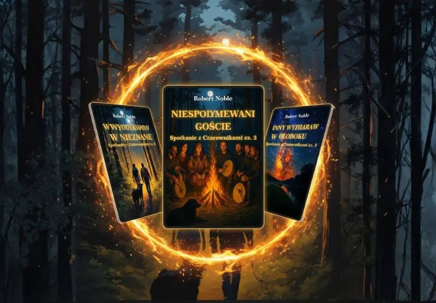 Trzy ebooki mocy Roberta Noble: Wyprawa w nieznane, Niespodziewani goście i Inny wymiar w Ołoboku wyświetlone na ekranach tabletów na tle mistycznego lasu z ognistym kręgiem.