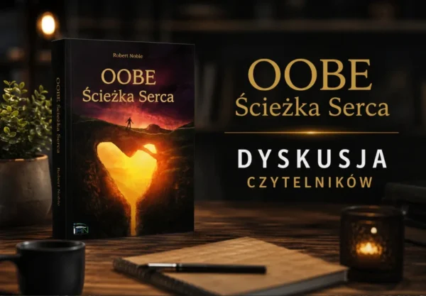 Profesjonalna grafika promująca cykl spotkań i dyskusji czytelników poświęconych książce „OOBE. Ścieżka Serca” autorstwa Roberta Noble. Na pierwszym planie znajduje się realistyczny egzemplarz książki ustawiony na drewnianym biurku w nastrojowym wnętrzu.