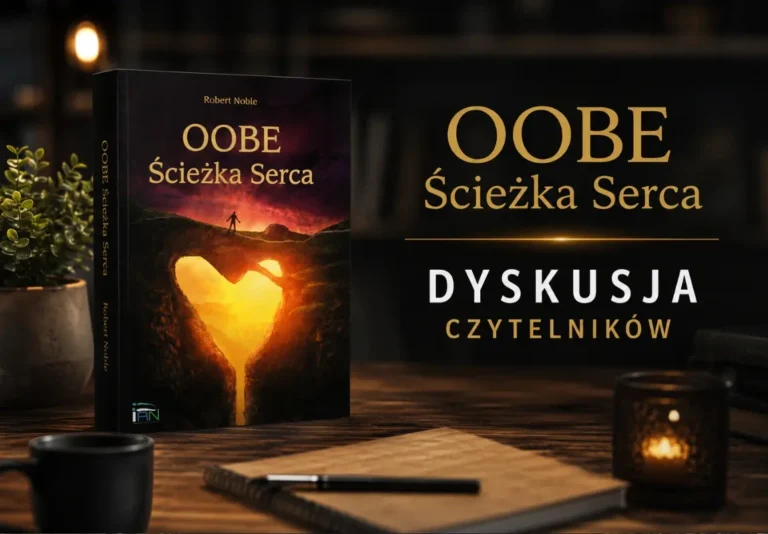 Profesjonalna grafika promująca cykl spotkań i dyskusji czytelników poświęconych książce „OOBE. Ścieżka Serca” autorstwa Roberta Noble. Na pierwszym planie znajduje się realistyczny egzemplarz książki ustawiony na drewnianym biurku w nastrojowym wnętrzu.
