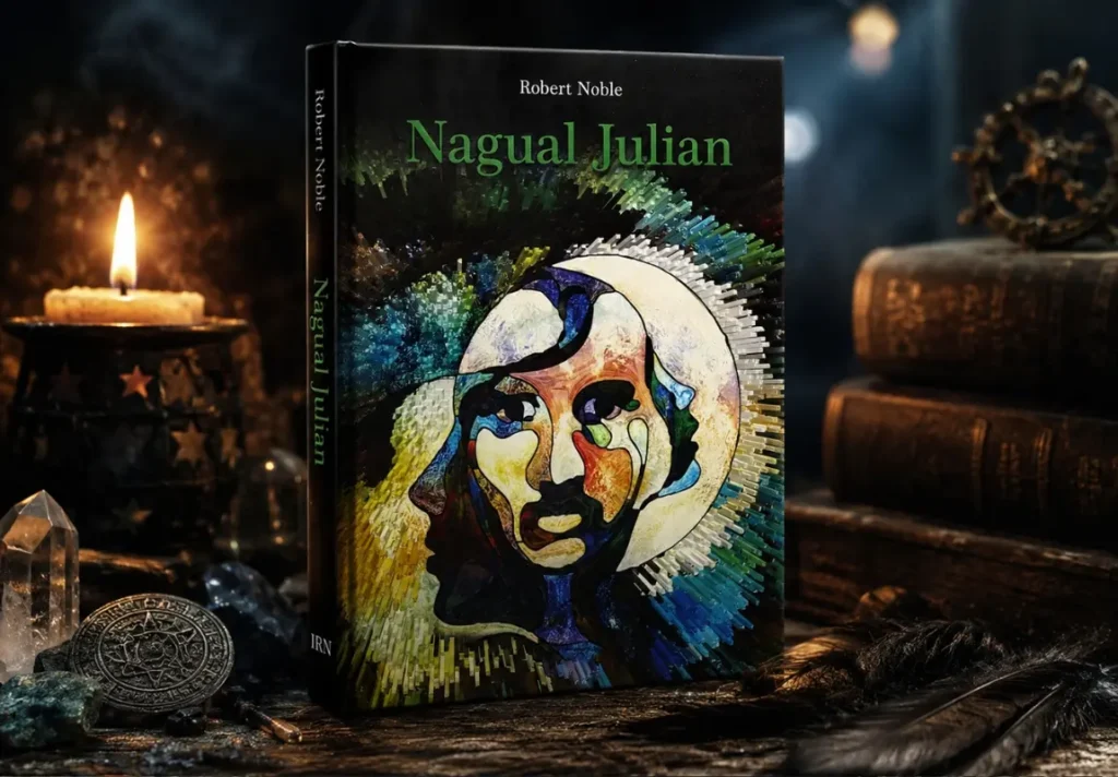Książka „Nagual Julian” Roberta Noble na klimatycznej aranżacji z książkami, świecą i symbolami nawiązującymi do wiedzy Czarowników.